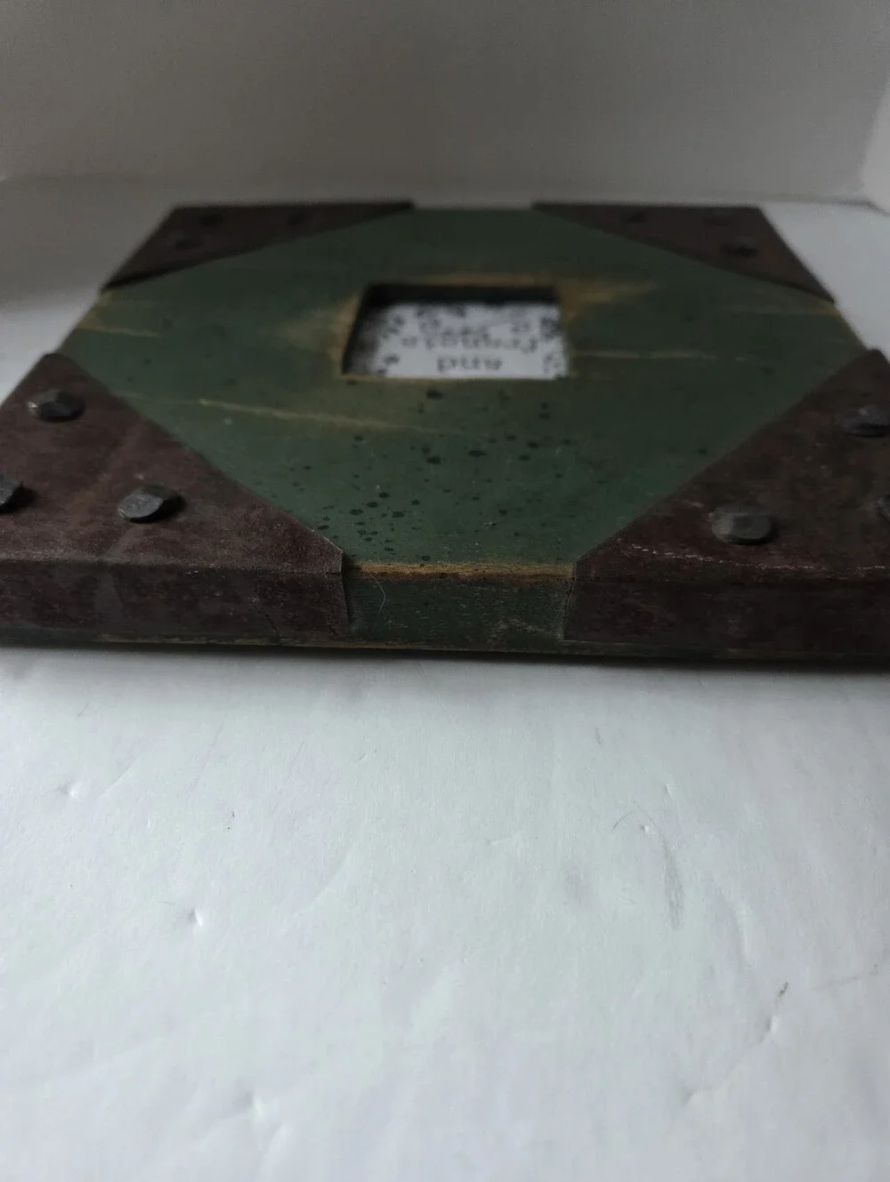 Vintage Rustic Painted Green Distressed Wood Picture Frame with Metal Accents